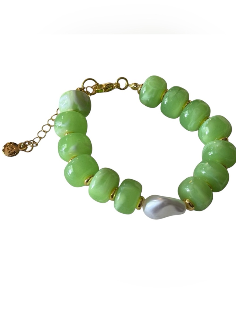 Mayamar Green Bead Bracelet with Pearl Accent and Gold Details New